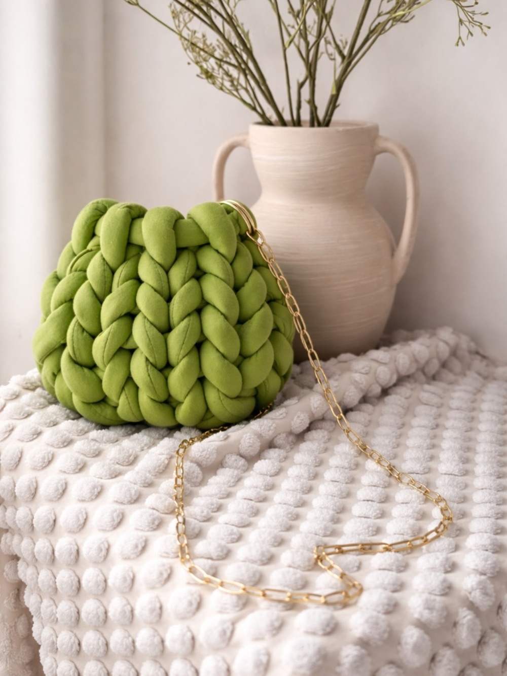 Green Chunky Knit Crossbody Bag with Gold Chain
